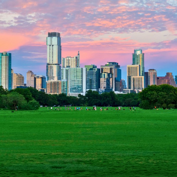 Website-Allandale-section-city-park-buildings Allandale park at sunset with a purple and pink sky, people relaxing on the grass, some with dogs, enjoying the open space in a peaceful setting.