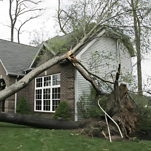 Website-storm-section-uprooted-trees-house A house with multiple trees that have fallen over or have been uprooted after a recent storm.